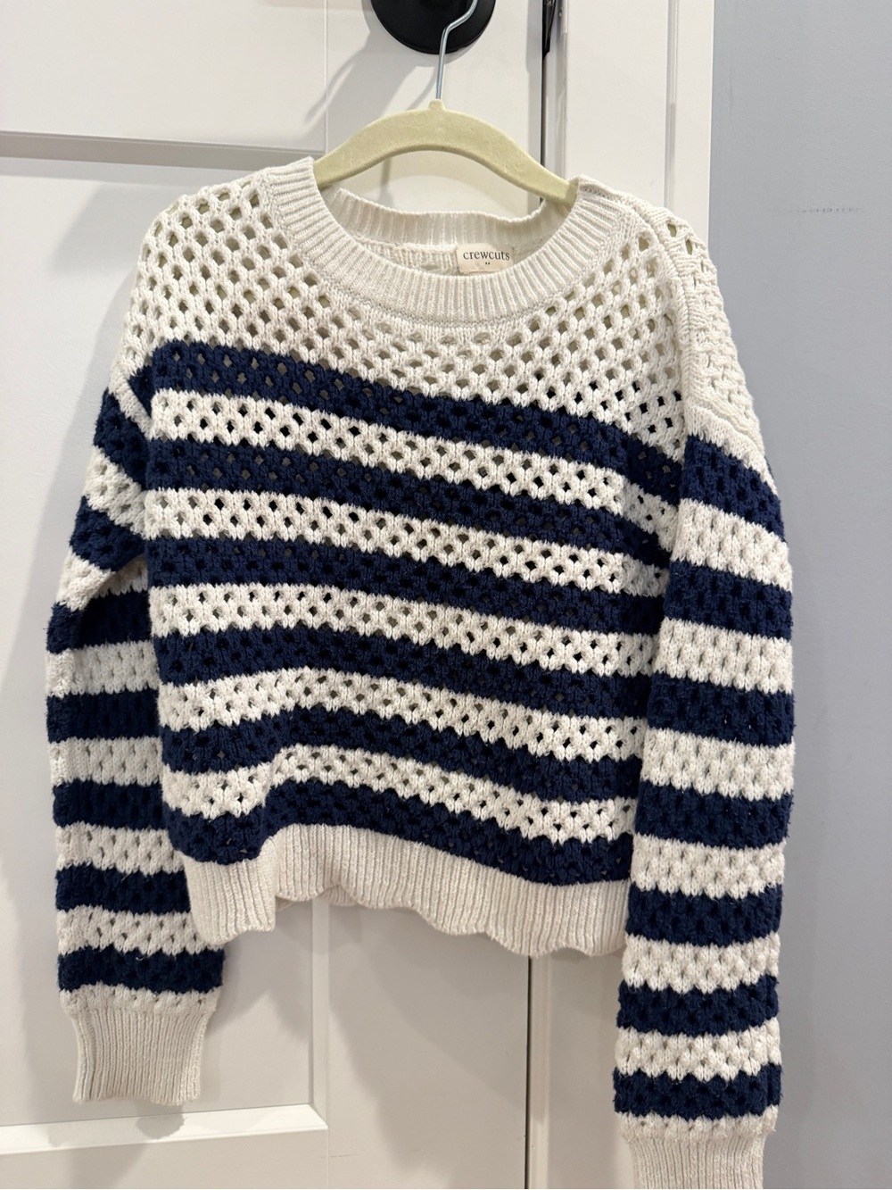 Crewcuts Navy and Cream Striped Open-Knit Crewneck Sweater